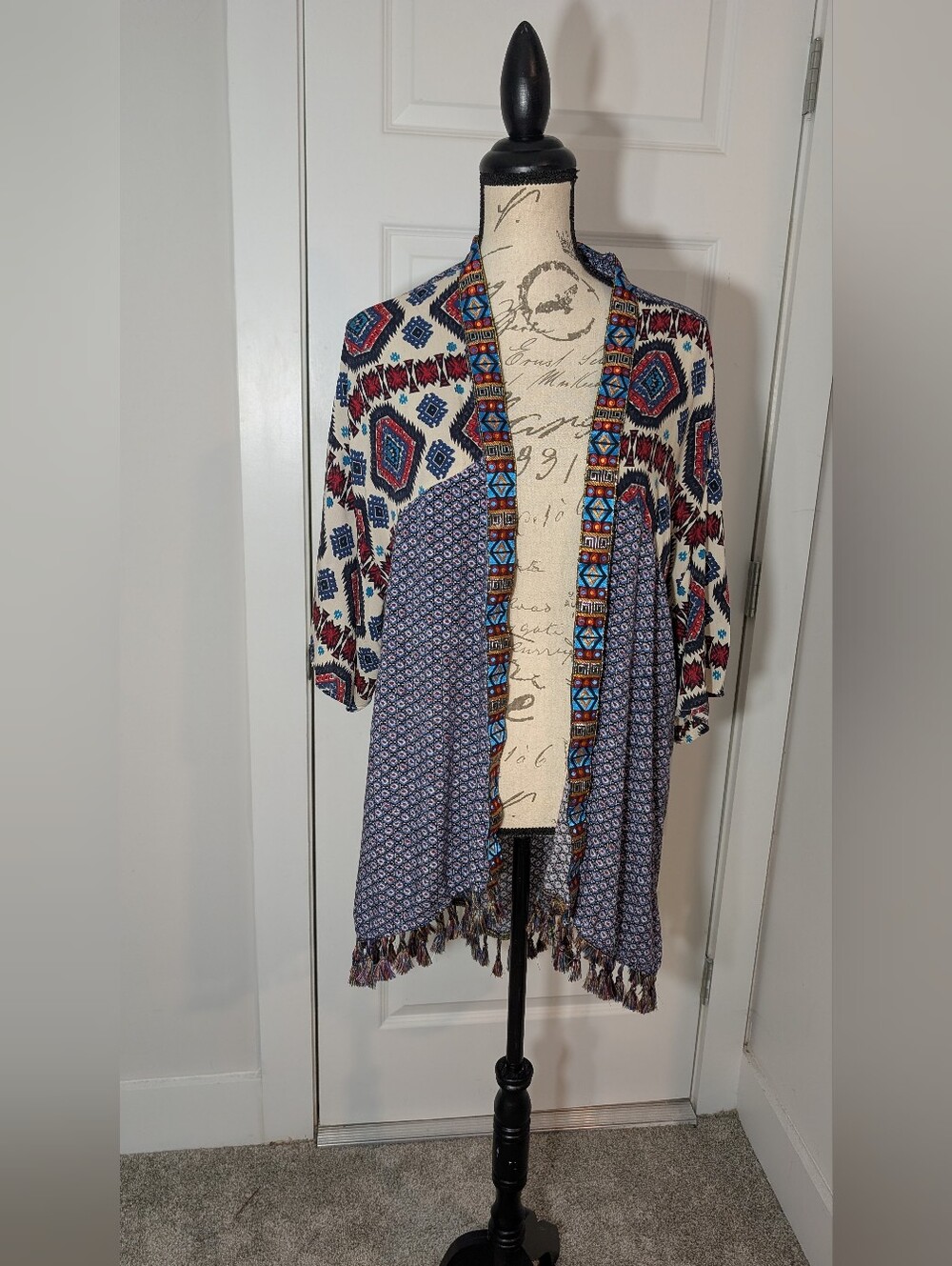 Umgee Multicolor Boho Open-Front Kimono Jacket - Navy & Cream Size S/M